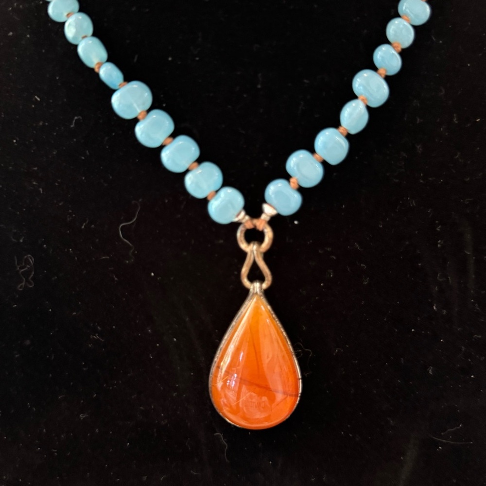 Orange and Blue Pendant Beaded Necklace